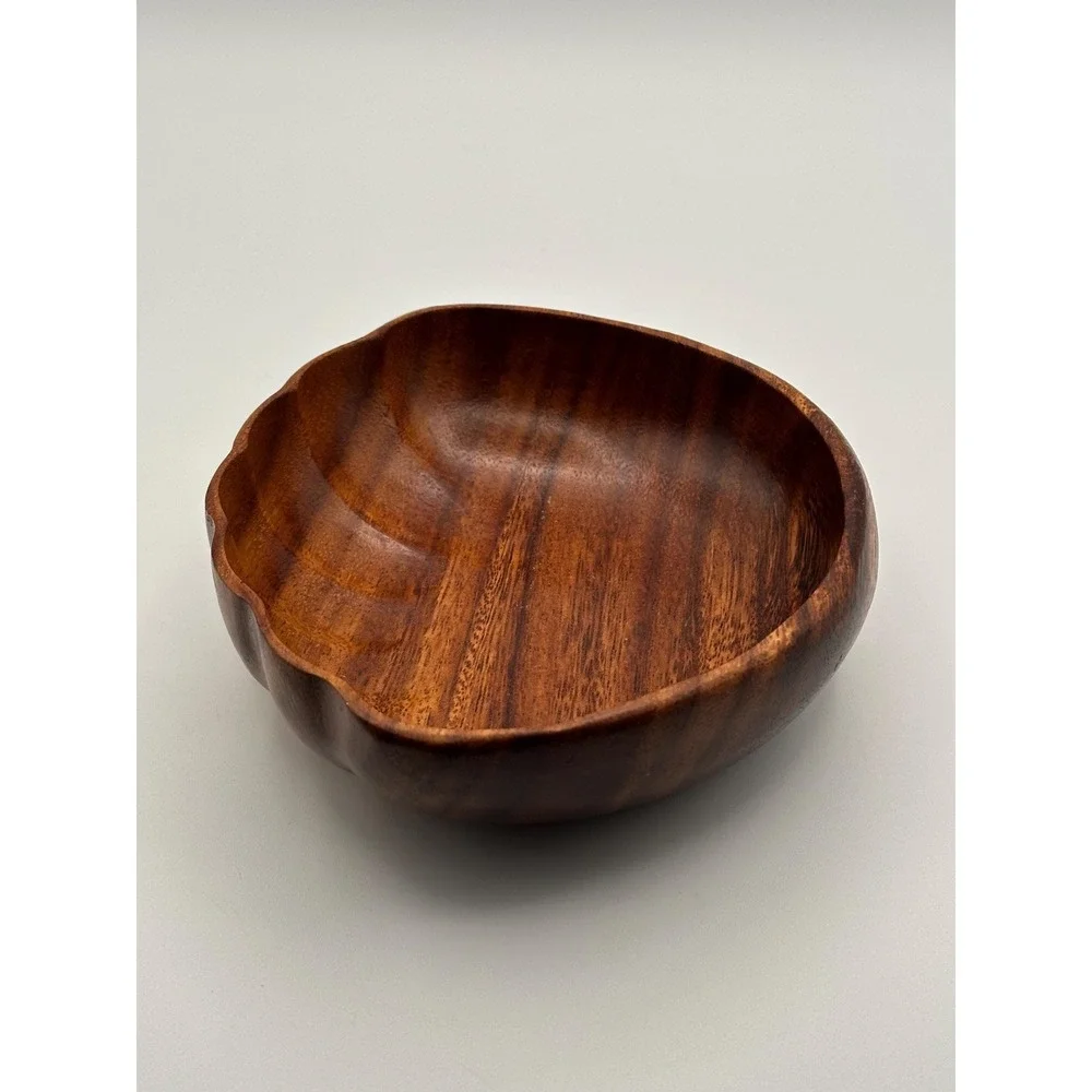 Vintage Hand Carved Wooden Bowl Scalloped Edge MCM Solid Wood